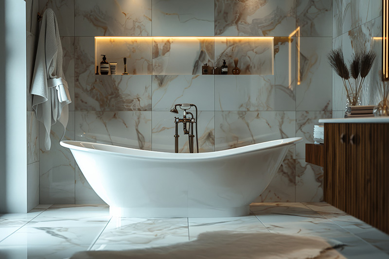 Luxurious bathroom with freestanding bathtub, marble walls, and soft lighting.