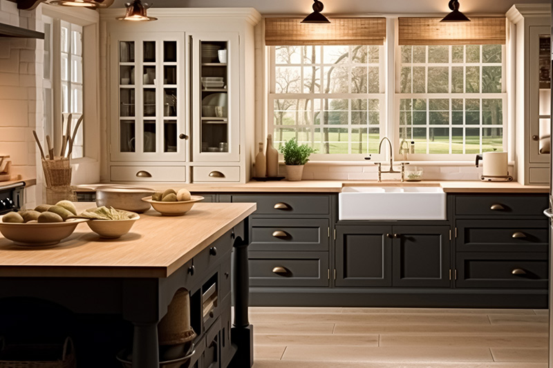 Classic farmhouse kitchen with large windows, wooden counters, and black cabinets.