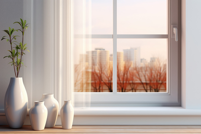 Double Glazing upvc window and a set of white vases on a window cill