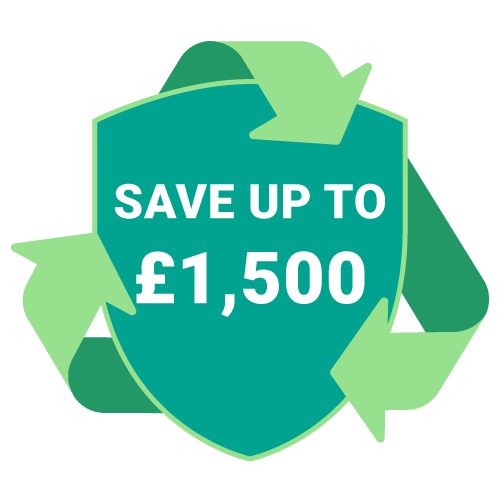 Green shield with recycling arrows and text 'Save up to £1,500'.