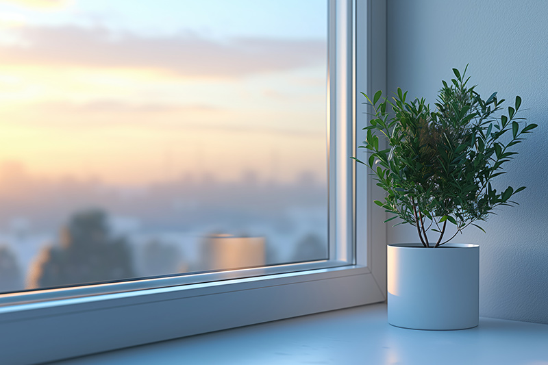 triple glazed windows with a blurred background and a small plant pot with a tree.