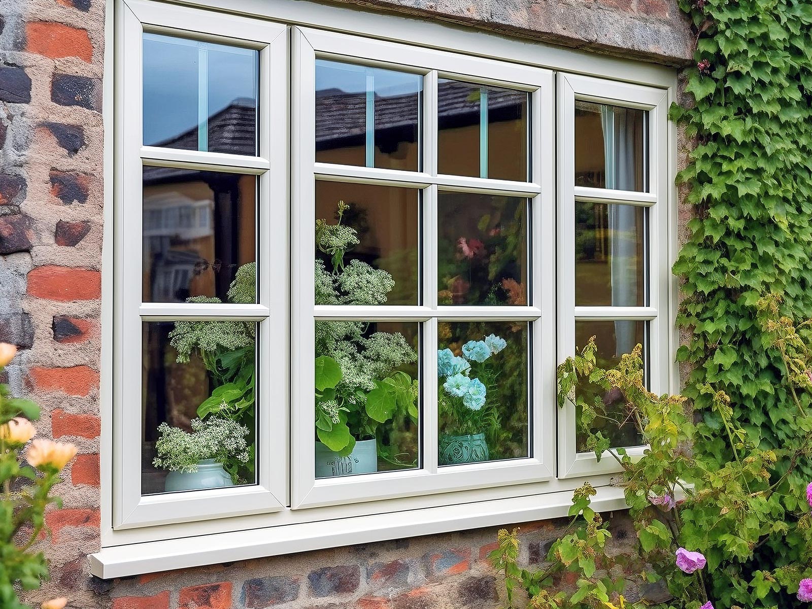 cream country side windows with georgian bars between the glass.