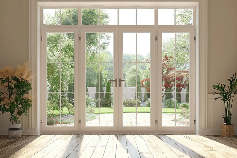 white french doors with a oak flooring and sun shining through the doors.