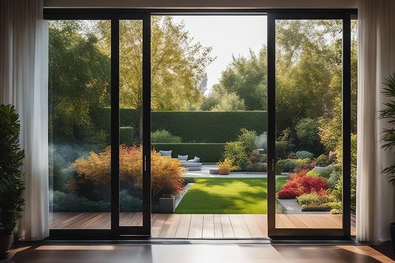 Large sliding glass doors leading to a landscaped garden.