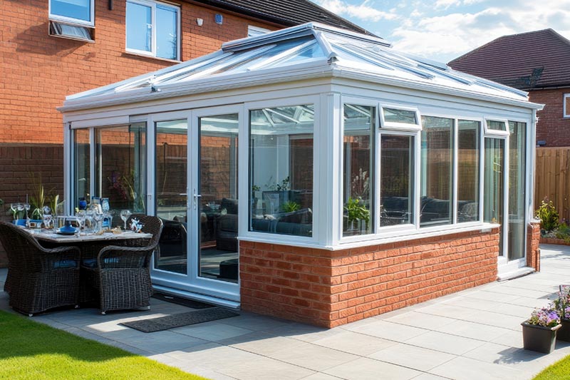 Modern white conservatory attached to a brick home with a patio dining set.