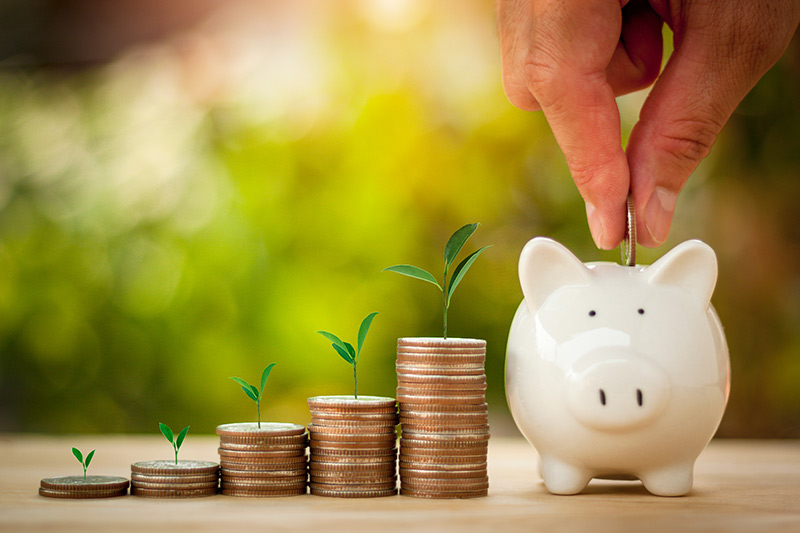 Stacked coins with small plants growing, next to a hand placing a coin into a piggy bank.