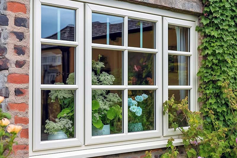 Exterior view of a white-framed window with decorative plants inside.