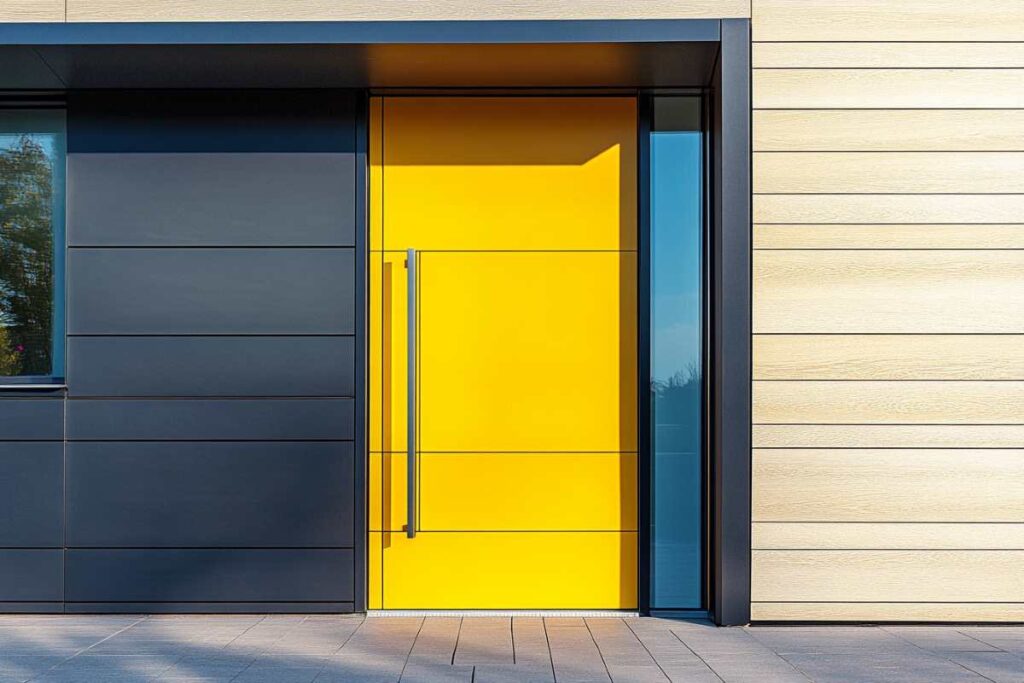 Modern composite front door in bold blue with sidelights.