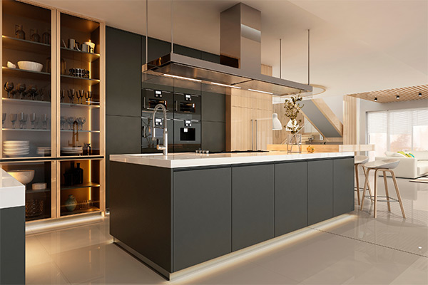 Contemporary kitchen with dark cabinets, island, and open shelving.