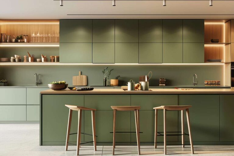 Matte green slab kitchen cupboard doors in a contemporary minimalist kitchen