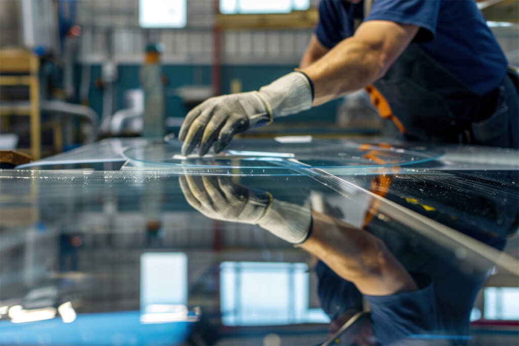 Triple glazing window being made in a factory for enhanced insulation