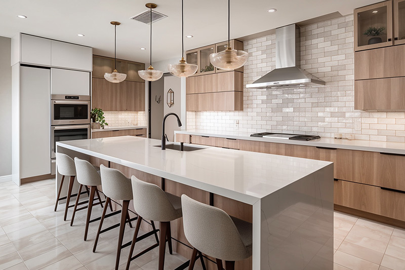 Contemporary kitchen with large island, white countertops, and pendant lighting above bar stools.