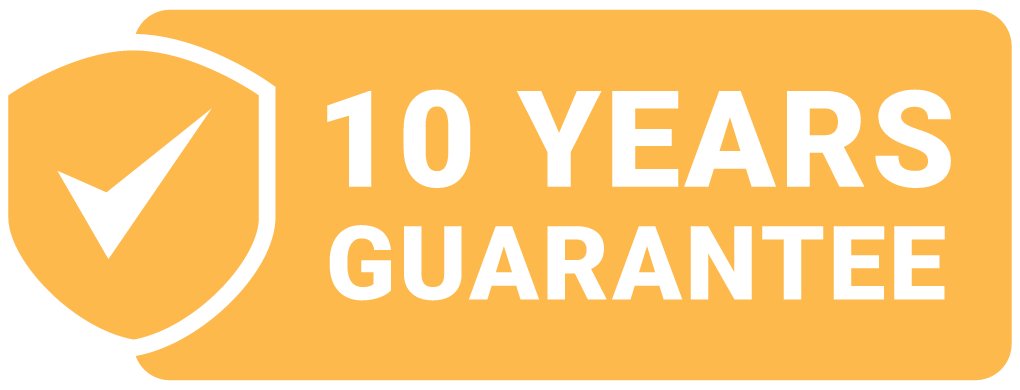 Shield icon with checkmark and text '10 Years Guarantee,' representing a 10-year product warranty.