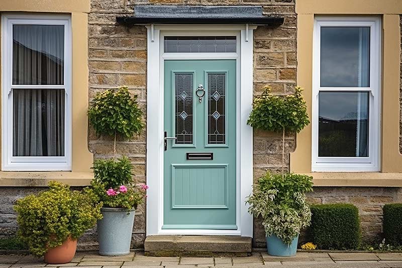 Stylish mint green composite front door with decorative glass panels, surrounded by beige brickwork and potted plants.